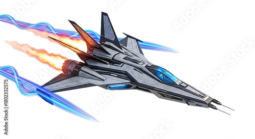 Futuristic fighter jet with glowing blue energy trails and engine exhaust flames, isolated on a white or transparent background, cutout, PNG