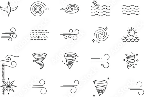 Set of minimalist wind, wave, swirl, and tornado line icons representing weather elements, natural forces, atmosphere symbols for climate and forecast graphics