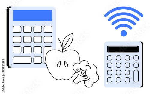 Digital calculators beside an apple and broccoli under a wireless icon, symbolizing smart nutrition tracking and wireless technology. Ideal for health, tech, dieting, nutrition, education, fitness