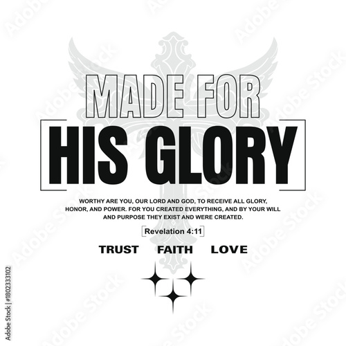 Urban faith typography, Made for His Glory streetwear design. Bold monochrome lettering with wings, Worship t‑shirt graphic, Modern Christian apparel poster.