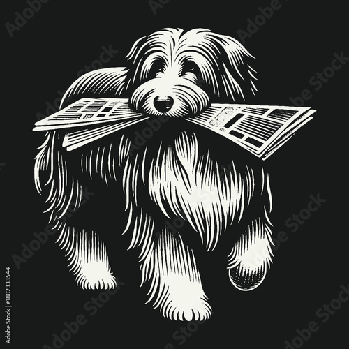 Shaggy Dog Delivering the Morning Newspaper Illustration.