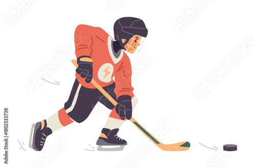 Boy playing ice hockey flat vector illustration isolated on white.