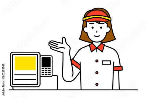 レジカウンターで受付するファストフード店の女性店員