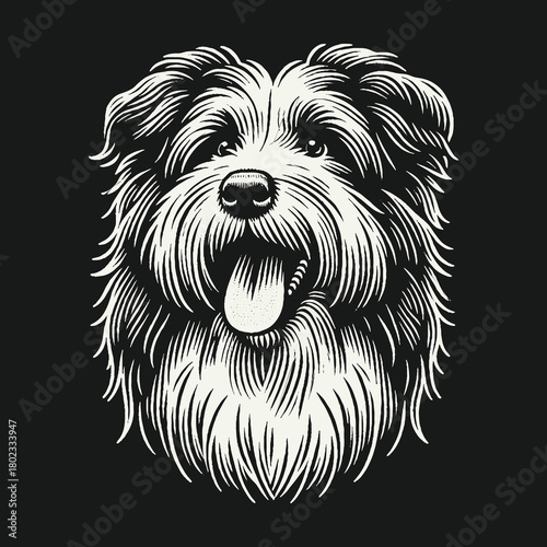 Happy Shaggy Dog Head Black and White Vector Illustration.