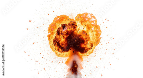 Fiery explosion with bright orange flames and sparks isolated on transparent background