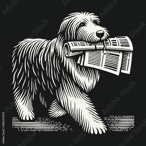 A Loyal Shaggy Dog Delivering the Morning Newspaper.