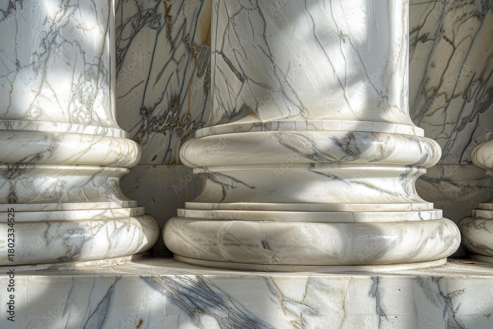 Fototapeta premium Sunlight casts beautiful shadows on the base of elegant marble columns, creating a captivating architectural detail