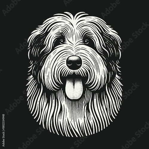 Shaggy Dog Portrait Black and White Linocut Illustration.