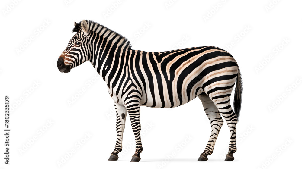 Naklejka premium A high-quality photograph of a standing zebra against a pure white background.