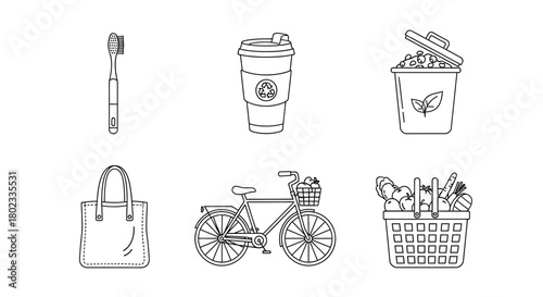 Eco-friendly essentials: grocery basket, sustainable toothbrush, reusable mug, bicycle, compost bin, tote bag
