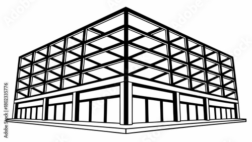 Perspective view of a modern building with a visible frame structure and ground floor windows