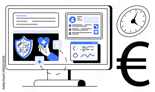 Computer screen displaying health insurance icons, graphs, user details, and shield. Euro sign and clock emphasize healthcare cost and time efficiency. Ideal for healthcare, insurance, finance, data