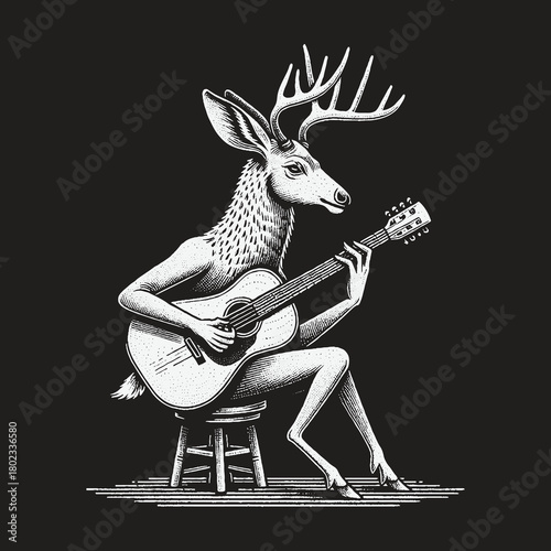 Anthropomorphic Deer Character Playing an Acoustic Guitar.