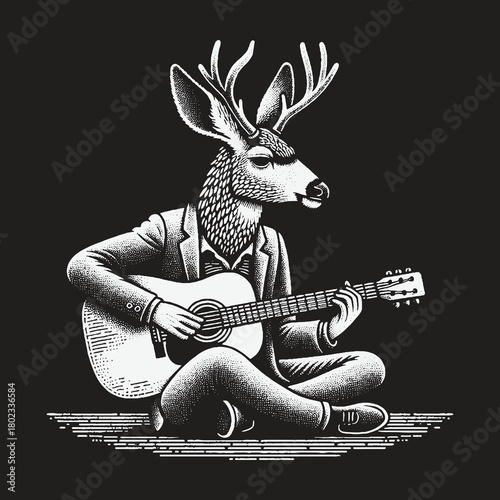 Stylish Anthropomorphic Deer Musician Playing an Acoustic Guitar.