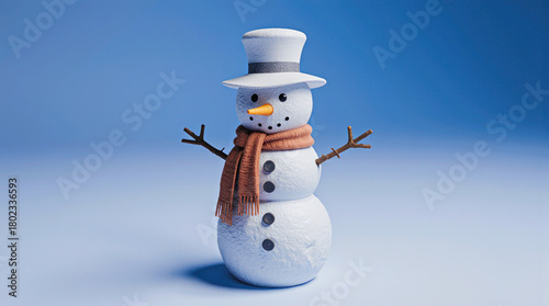 Adorable miniature snowman with top hat and scarf