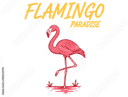 Retro pink flamingo illustration standing on one leg with "Flamingo Paradise" text.