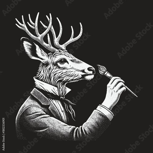 Elegant Deer Artist Holding a Paintbrush Illustration.