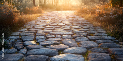 Sunlit Cobblestone Path in Peaceful Green Park