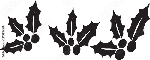 black and white Holly berry icons set. Black color Christmas day art  berry. Cartoon holly leaves and berries. 


