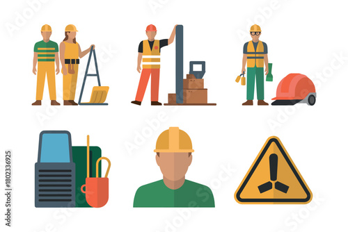 Construction workers and safety equipment are depicted in a series of flat icons.