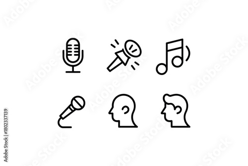 A collection of icons representing microphones, music notes, and human profiles.