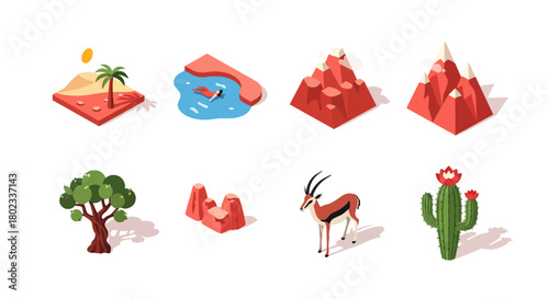 Isometric desert landscape with oasis and wildlife elements in flat design