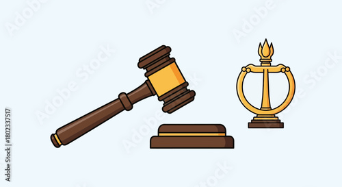 Courtroom elements: gavel and scales of justice in colorful style