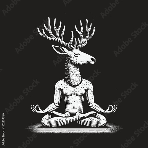 Anthropomorphic deer character meditating in a calm yoga lotus pose.
