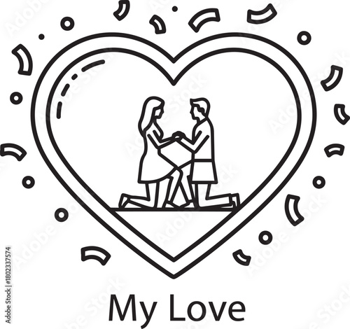 Illustration of couple proposing inside heart shape decorated with confetti design