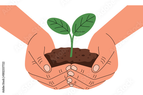 Two hands gently cradle a young plant growing from fertile soil.