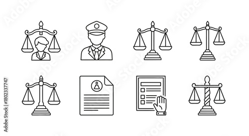 Legal and justice icons: law, judge, scales, officer, document, decision