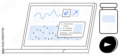 Laptop screen displaying data graph, task list, and navigation options with a medicine bottle and play button. Ideal for healthcare, technology, research, productivity, analytics, education