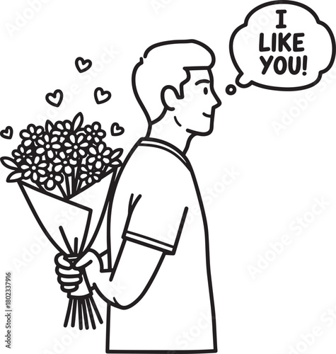 Man with Flowers Behind his Back Saying I Like You in Speech Bubble Concept