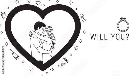 Marriage Proposal Scene with Couple Embrace Ring Bottle and Text Will You Question