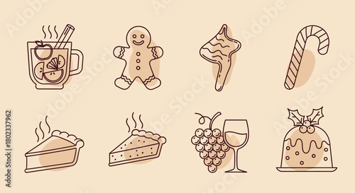 Festive holiday icons: gingerbread, mulled beverage, and desserts in flat linear style