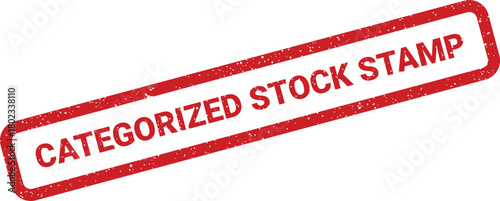 An impactful red rectangular rubber stamp with distressed white letters states CATEGORIZED STOCK STAMP on a crisp white background
