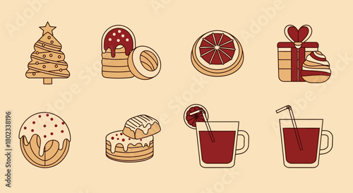 Festive holiday icons set with cookies, gifts, and warm drinks in flat style