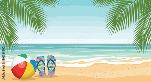Tropical beach scene with palm leaves, a beach ball, and flip-flops on the sand.