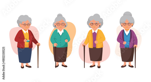 Group of four diverse elderly women standing and holding canes, with one woman holding a bowl.