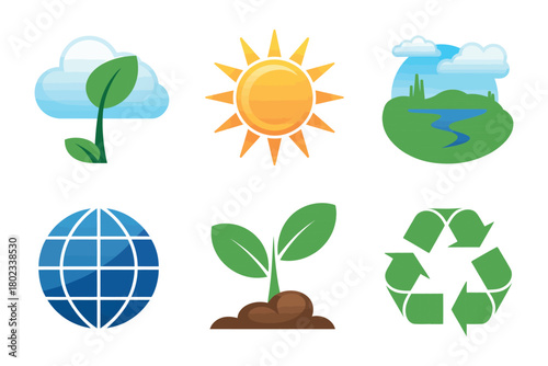 Icons depicting environmental concepts like growth, sun, earth, and recycling.