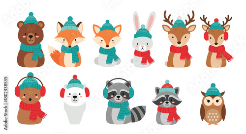 Cute winter animals wearing hats and scarves for cold weather fun.