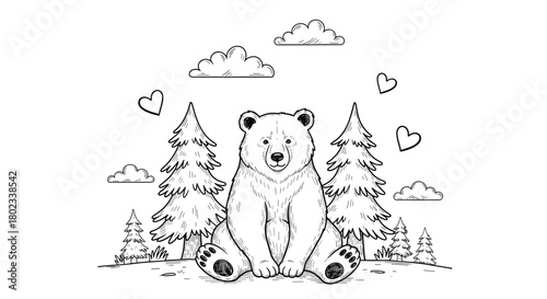 Cute cartoon bear sitting in a forest with trees, clouds, and hearts.