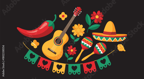 Fiesta celebration with Mexican guitar, maracas, chili pepper, and sombrero.