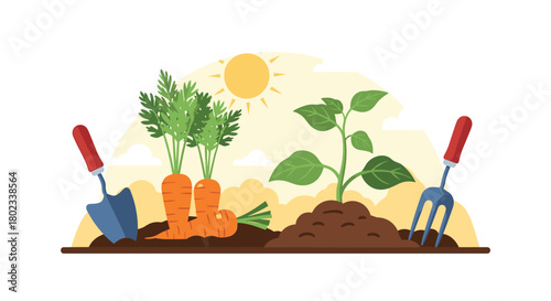 Gardening scene with carrots, a seedling, and tools under the sun.