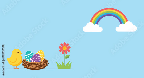 Cute yellow chick in a nest with colorful Easter eggs and a flower under a rainbow with clouds.