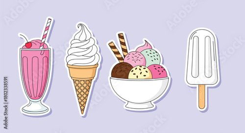 Collection of colorful ice cream desserts and a milkshake on a light purple background.