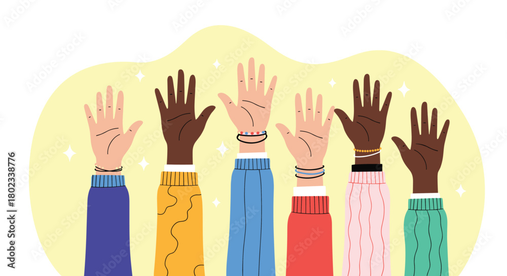 Fototapeta premium Illustration of diverse hands raised up in unity and support against a yellow background with sparkles.