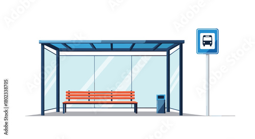 Illustration of a bus stop shelter with a bench, trash can, and bus stop sign.
