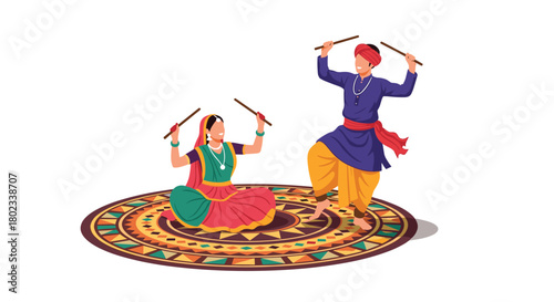 Traditional Indian dancers perform Garba with sticks on a decorative mat during Navratri festival.