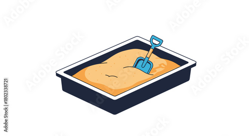 A blue shovel is stuck in a sandbox filled with light brown sand, ready for play.